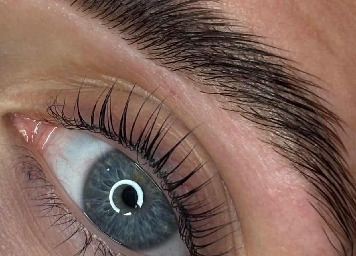 Close-up of a perfectly styled eyebrow and lashes at The Bloom Studio, Colchester, England, GB.