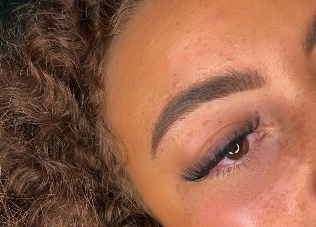 Close-up of an expertly shaped eyebrow at The Bloom Studio, Colchester, England, GB.