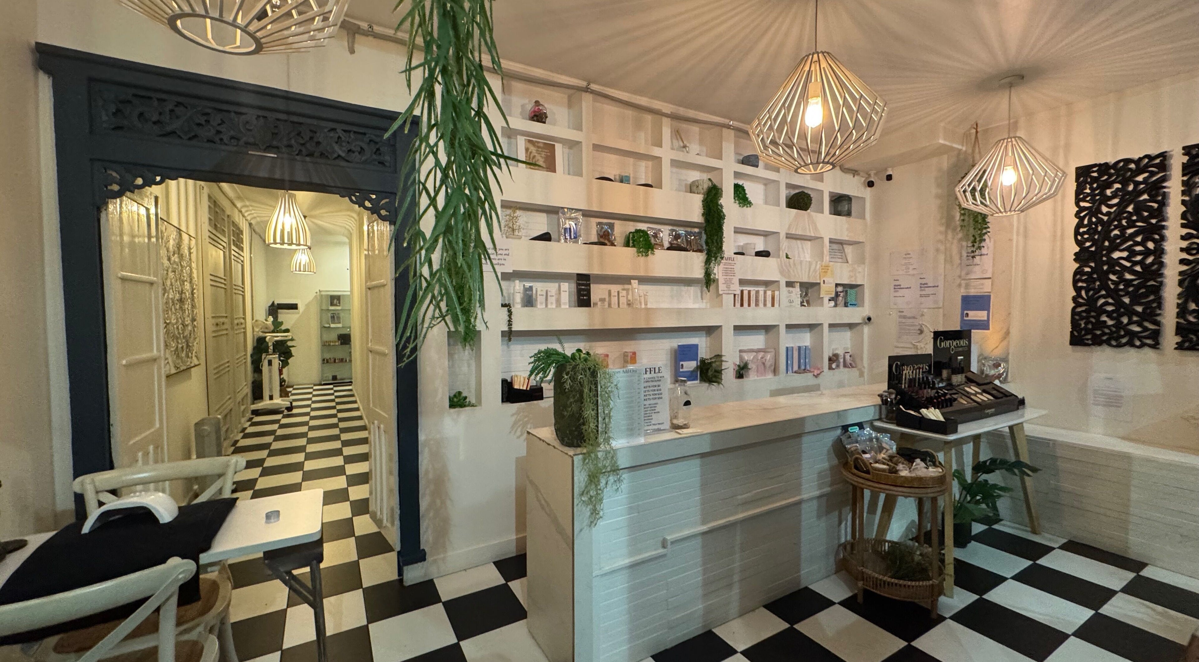 Elegant reception at Spa Semiyahn Skin + Body Retreat in Port Kembla, New South Wales, AU features chic decor.