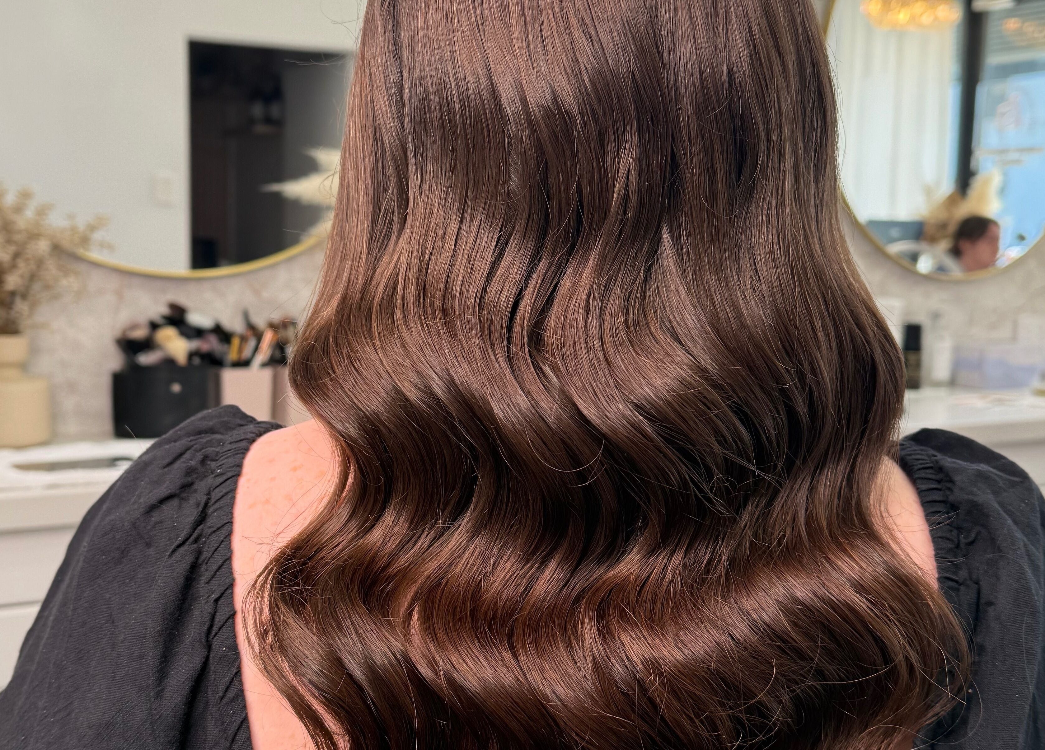 Glossy, wavy hairstyle at Blushing Beauty Lounge x Scalp Spa Perth, Brabham, Western Australia, AU.