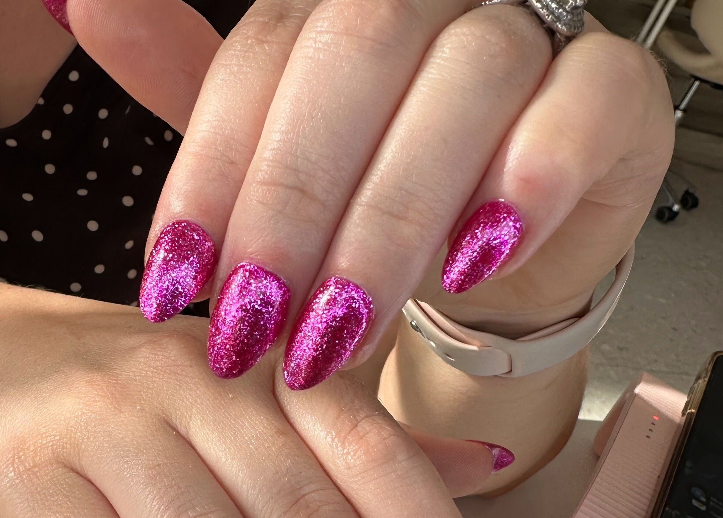 Glittery pink manicure at Blushing Beauty Lounge x Scalp Spa Perth, Brabham, Western Australia, AU.