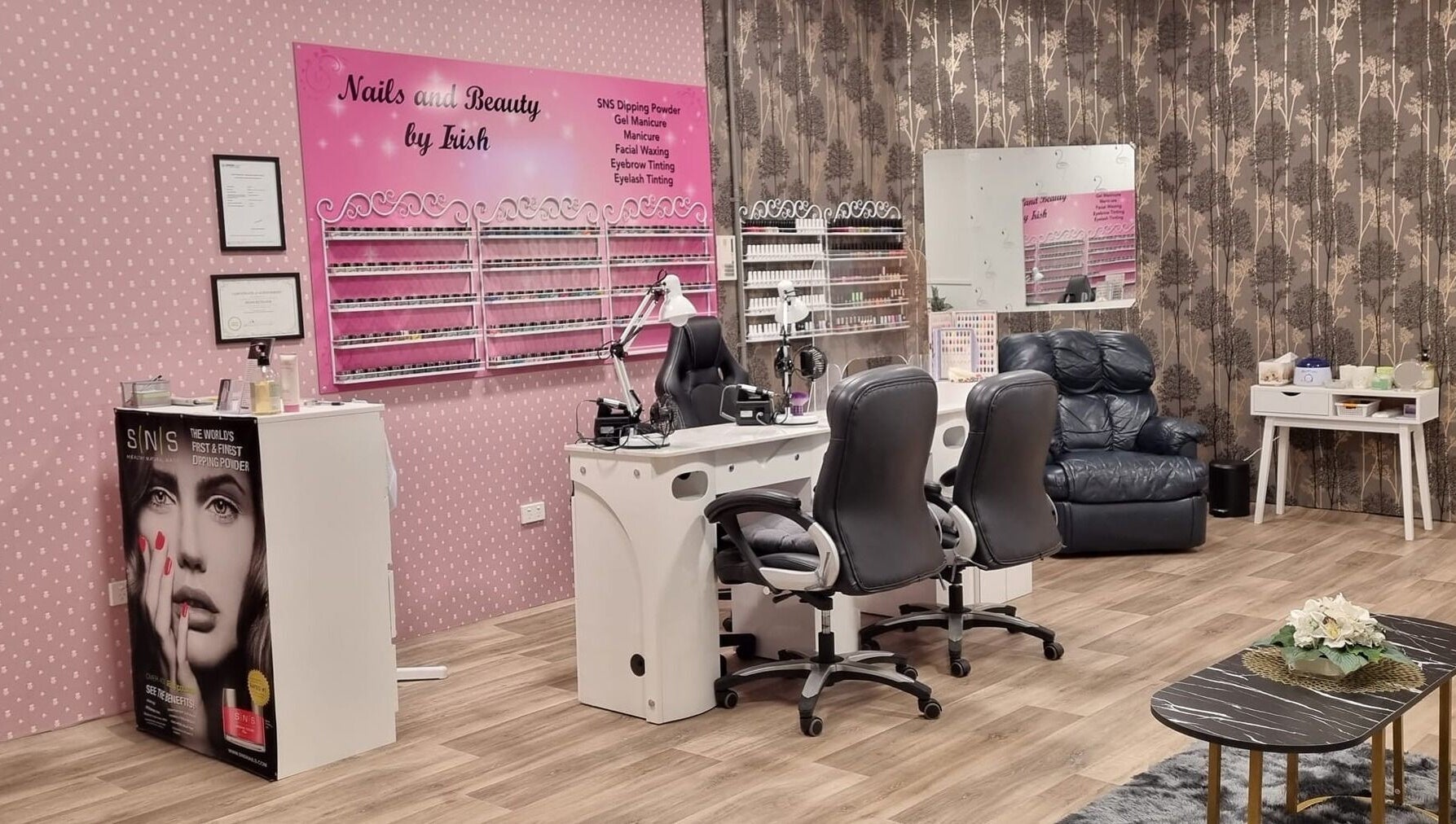 Chic interior of Nails and Beauty by Irish in Dunedin, Otago, NZ featuring manicure stations and stylish decor.