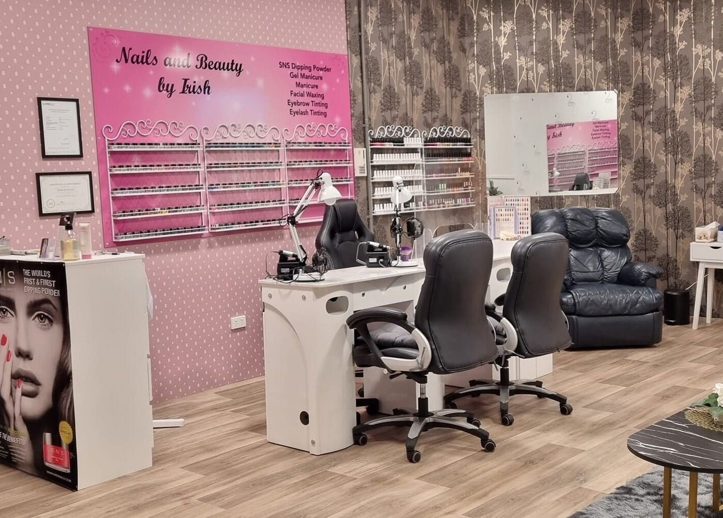Chic interior of Nails and Beauty by Irish in Dunedin, Otago, NZ featuring manicure stations and stylish decor.