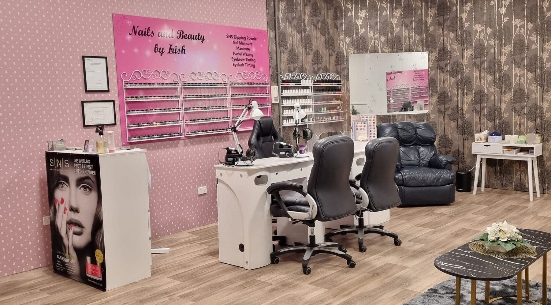 Chic interior of Nails and Beauty by Irish in Dunedin, Otago, NZ featuring manicure stations and stylish decor.