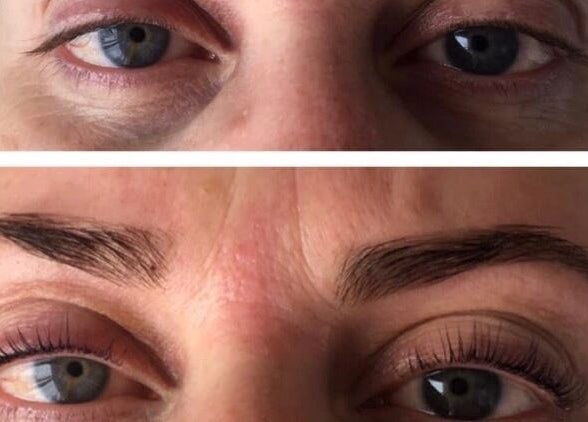 Before and after eyebrow transformation at Emily’s Beauty in Havant, England, GB, showcasing dramatic results.
