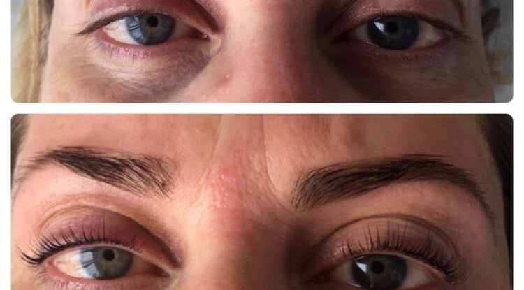 Before and after eyebrow transformation at Emily’s Beauty in Havant, England, GB, showcasing dramatic results.