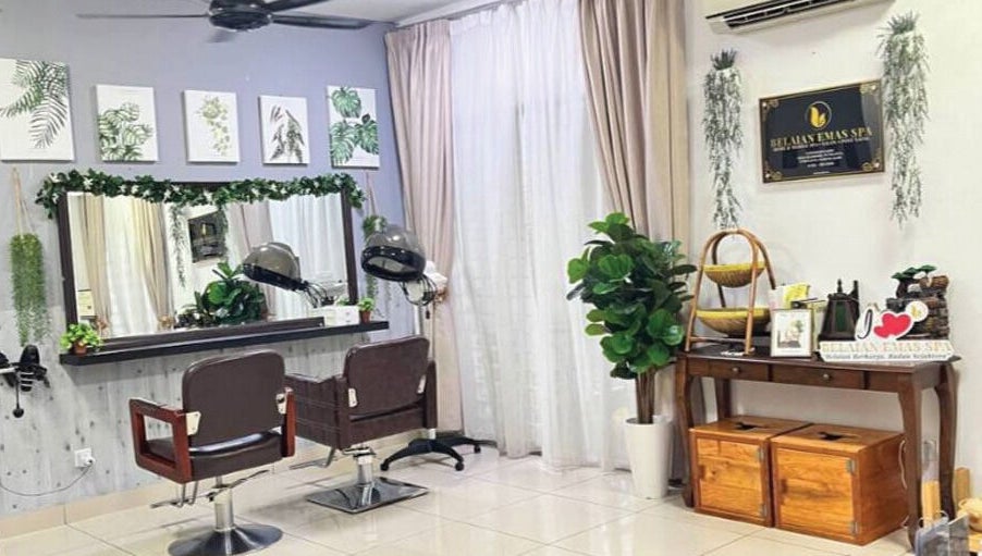 Inviting hair salon area in Belaian Emas Spa, Putrajaya, Putrajaya, MY, with lush greenery and elegant decor.