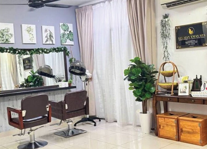 Inviting hair salon area in Belaian Emas Spa, Putrajaya, Putrajaya, MY, with lush greenery and elegant decor.