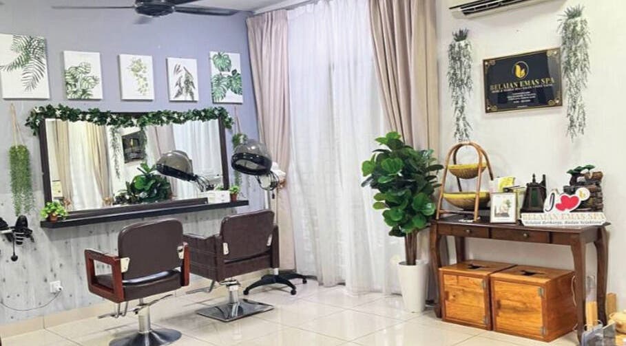 Inviting hair salon area in Belaian Emas Spa, Putrajaya, Putrajaya, MY, with lush greenery and elegant decor.