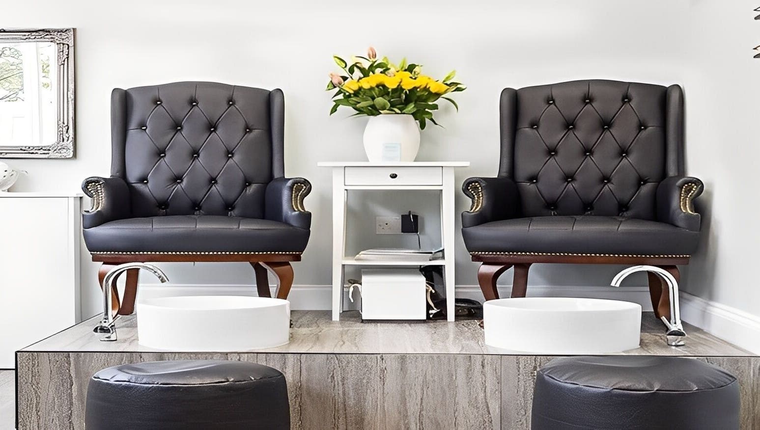 Elegant pedicure chairs at MiKa Salon in London, England, GB offering premium wellness treatments.
