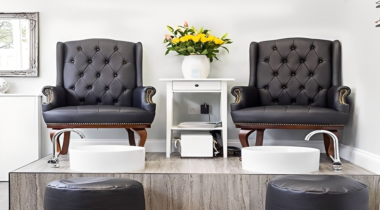 Elegant pedicure chairs at MiKa Salon in London, England, GB offering premium wellness treatments.