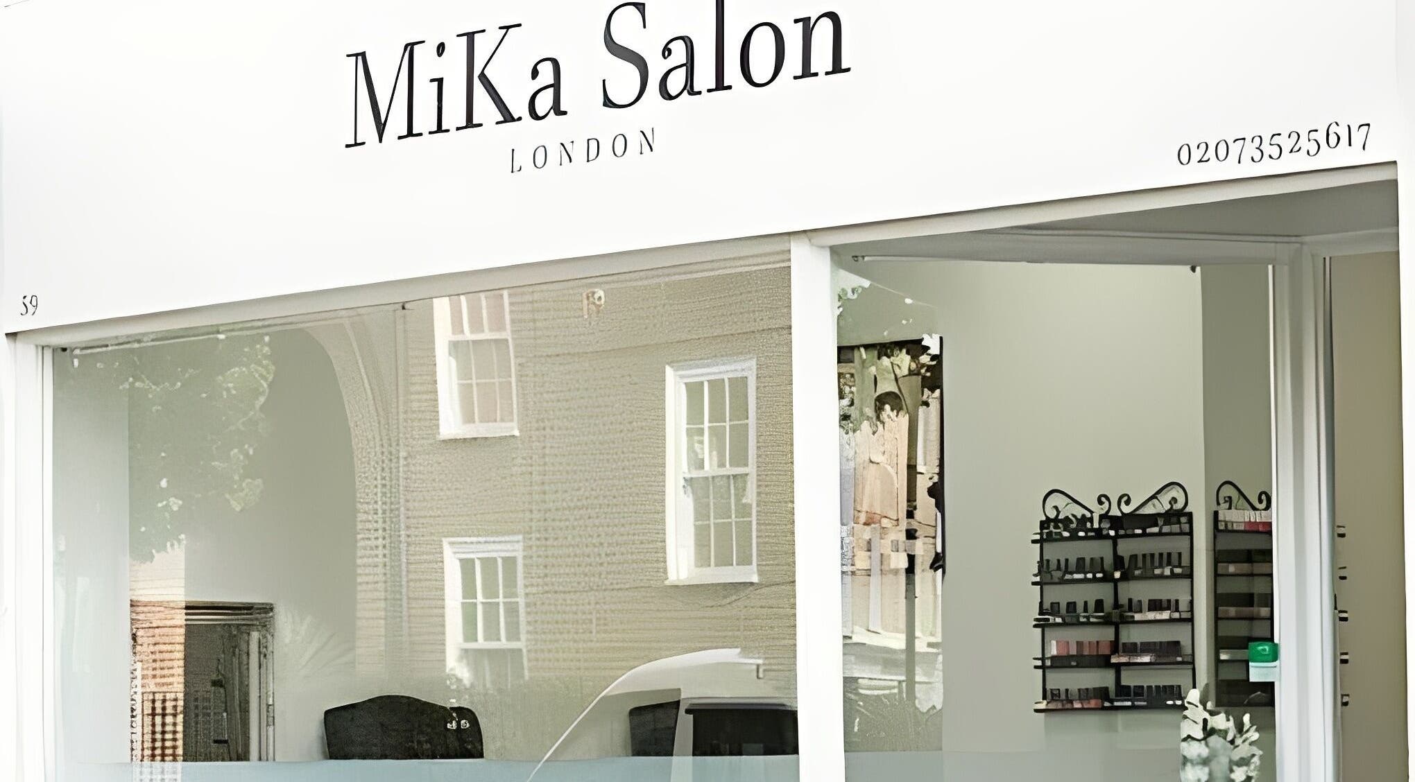 Entrance of MiKa Salon with elegant signage in London, England, GB, showcasing wellness and beauty services.