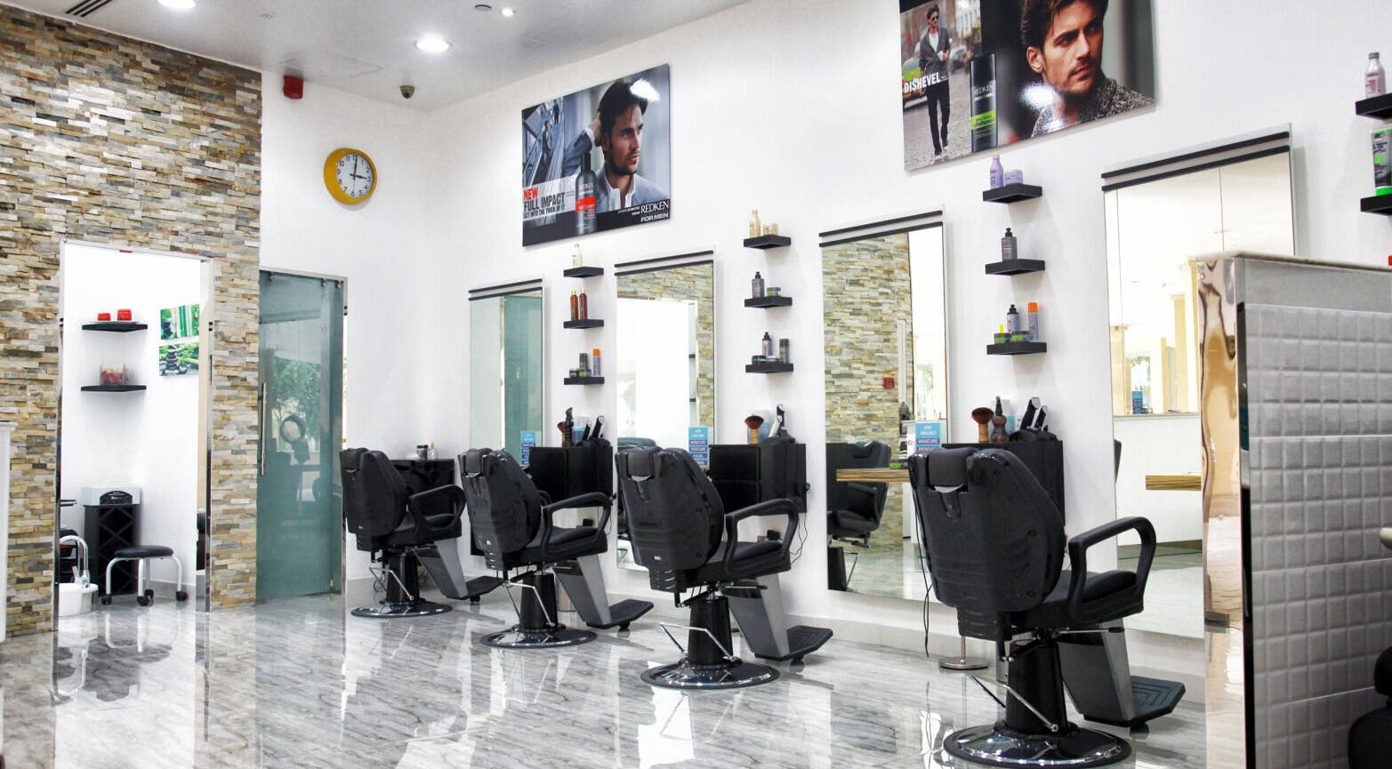 Modern salon chairs at Black Stallion Gents Salon - Murjan, Dubai, AE, showcasing sleek design and comfort.