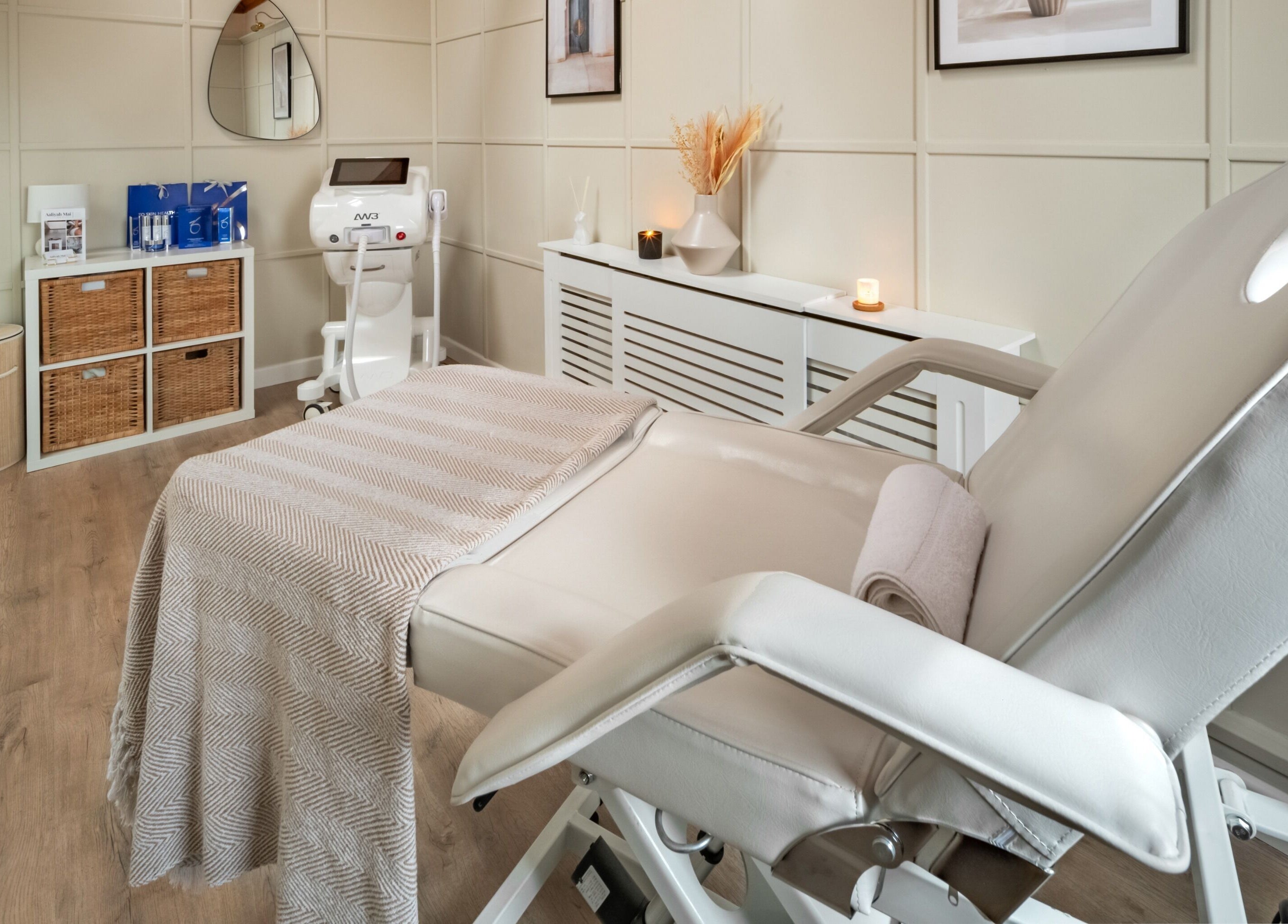Relaxing spa room at Bree Spivey Cosmetics, Exeter, England, GB featuring a treatment bed and calming decor.