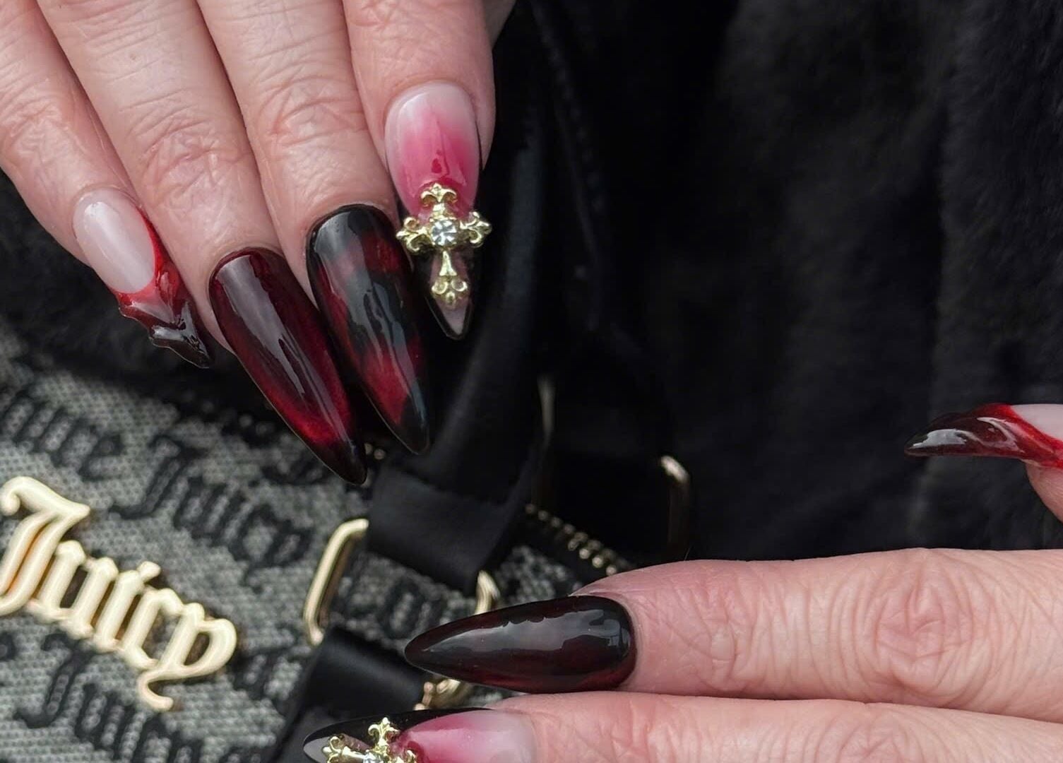Stylish nail art with dark accents at TH Nails and Spa Geelong West, Geelong West, Victoria, AU.