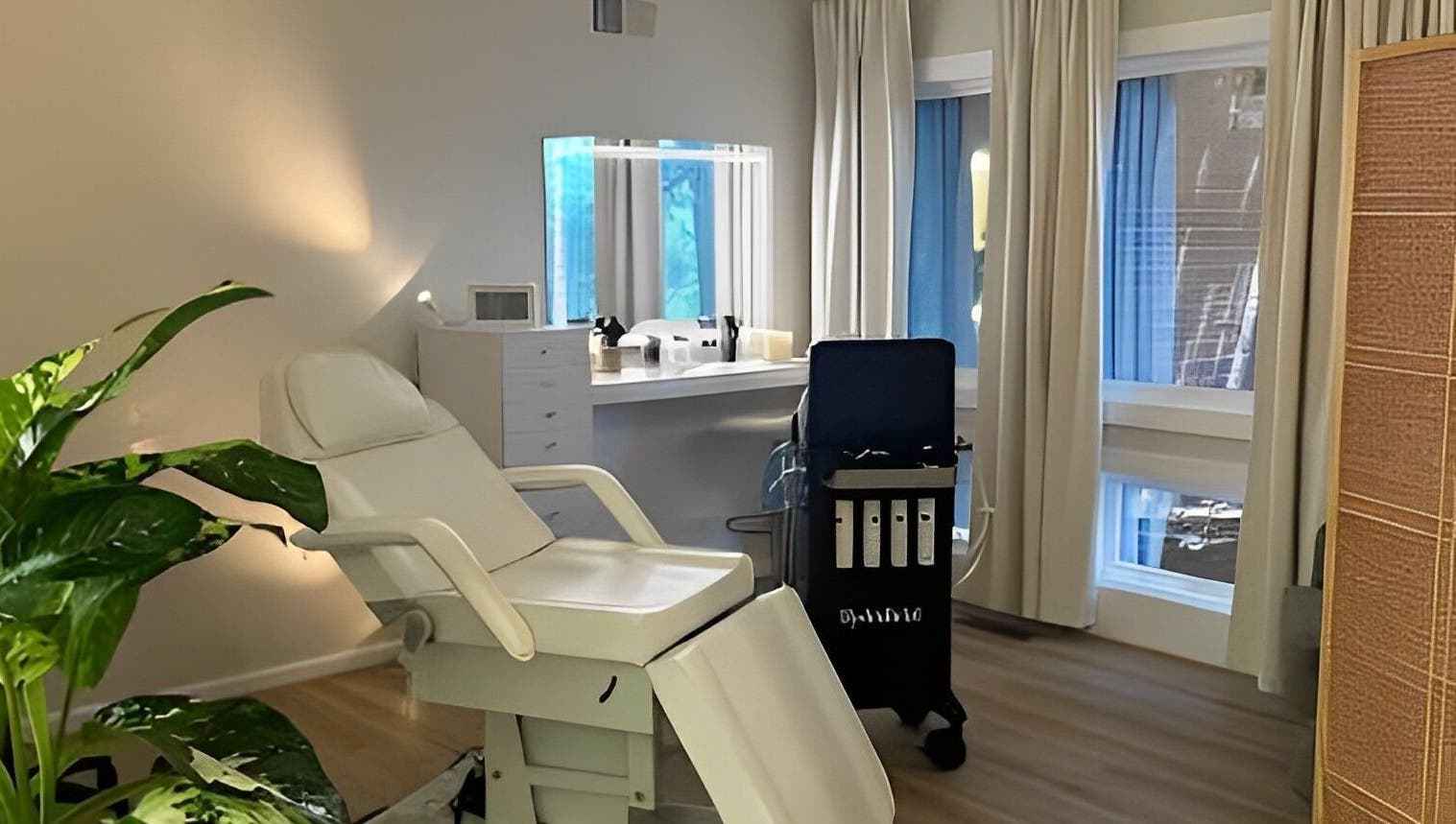 Luxurious treatment room at The Skin Tune, Ramsey, New Jersey, US with spa chair and natural light.
