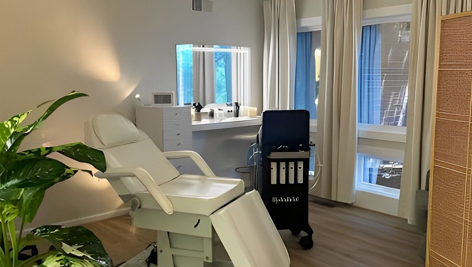 Luxurious treatment room at The Skin Tune, Ramsey, New Jersey, US with spa chair and natural light.