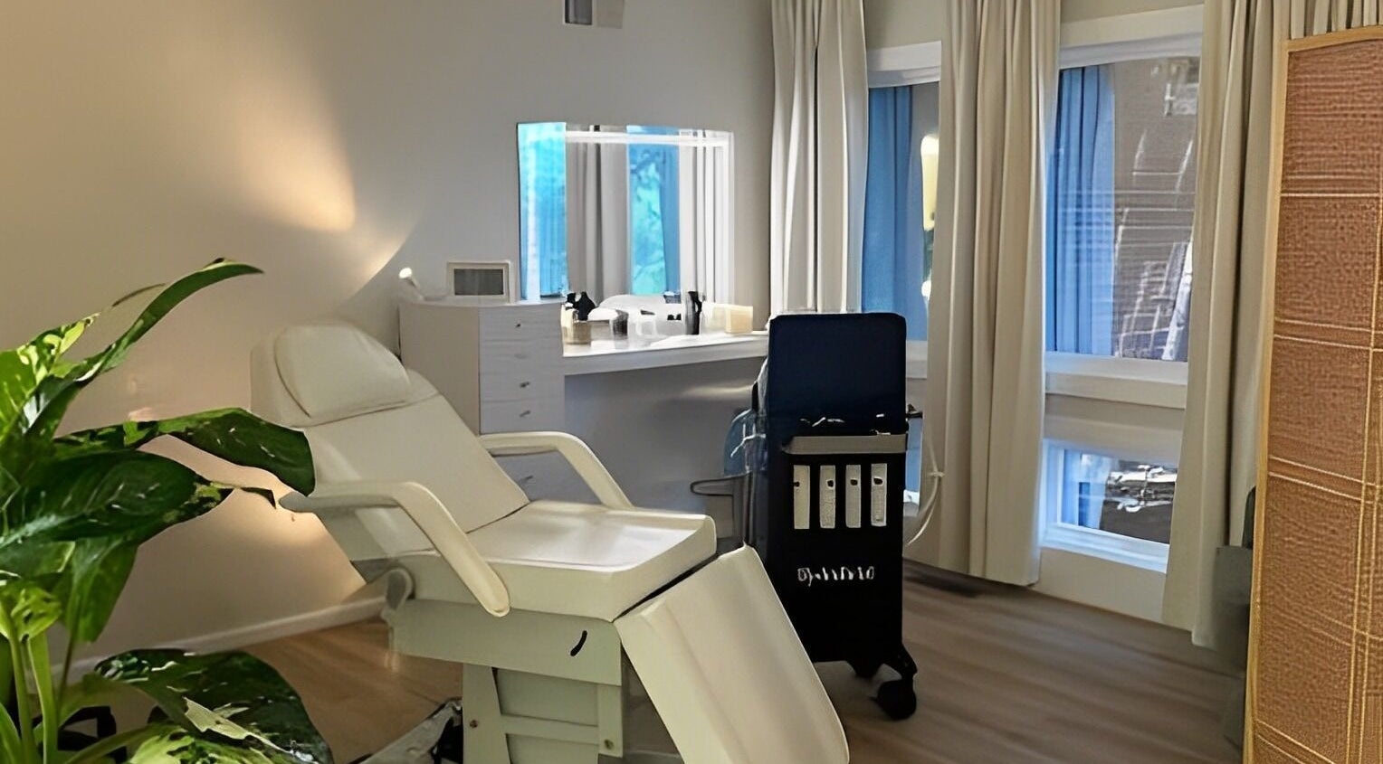 Luxurious treatment room at The Skin Tune, Ramsey, New Jersey, US with spa chair and natural light.