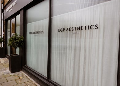 Front view of EGP Aesthetics, chic exterior in London, England at street level.