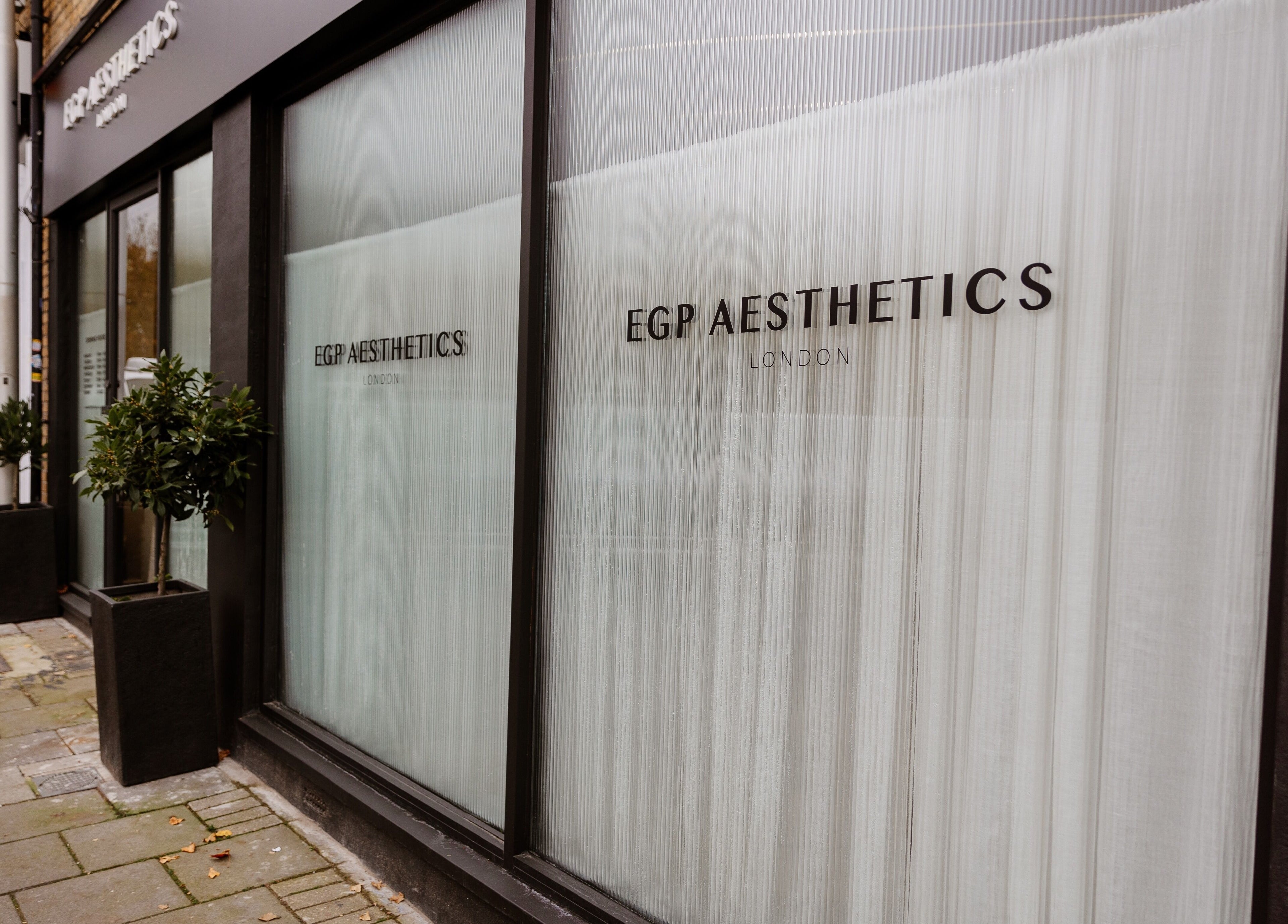 Front view of EGP Aesthetics, chic exterior in London, England at street level.