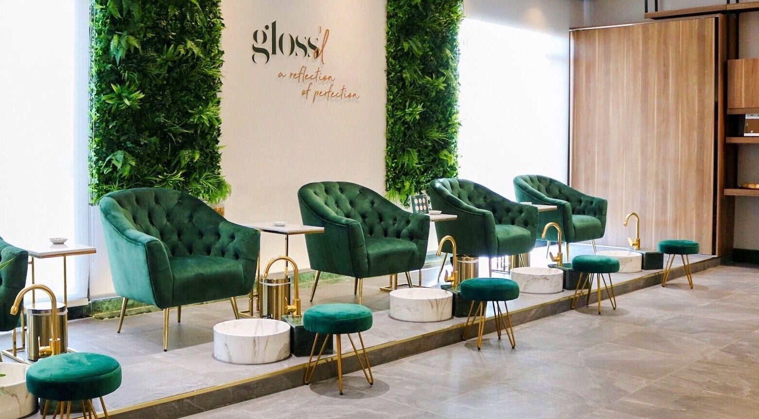 Stylish seating at Gloss'd Beauty Lounge | Khobar, featuring lush greenery in Al Khobar, Eastern Province, SA.
