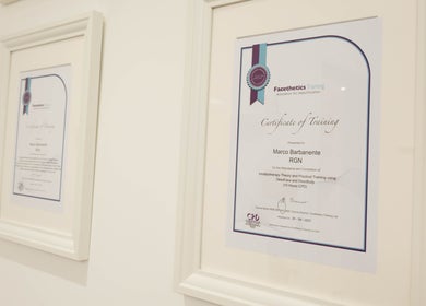 Certificates displayed at Barbanente Clinic, showcasing expertise, London, England, GB.