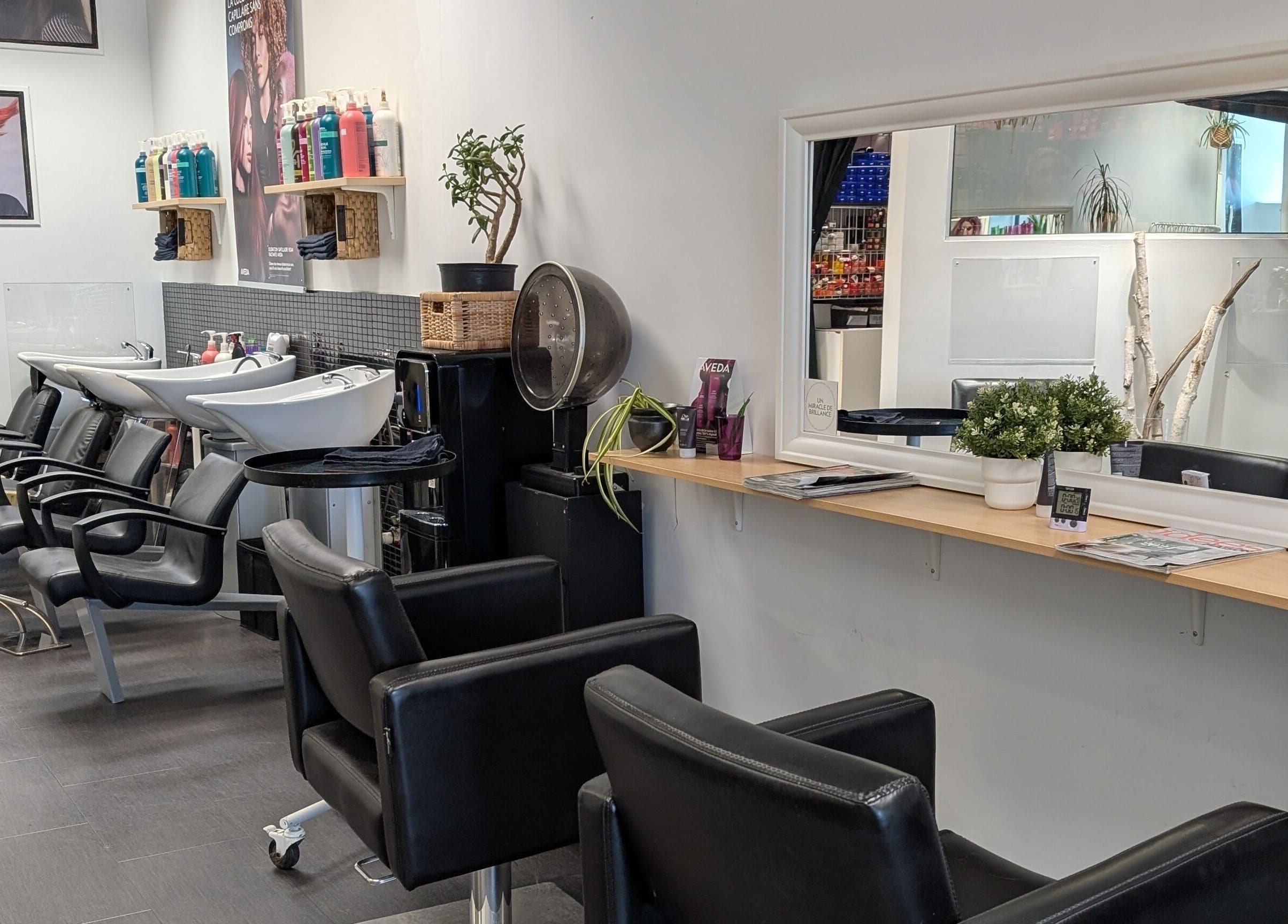 Modern salon interior at Espace Coiffure Botanik, Saint-Bruno-de-Montarville, Québec, CA with stylish chairs and decor.
