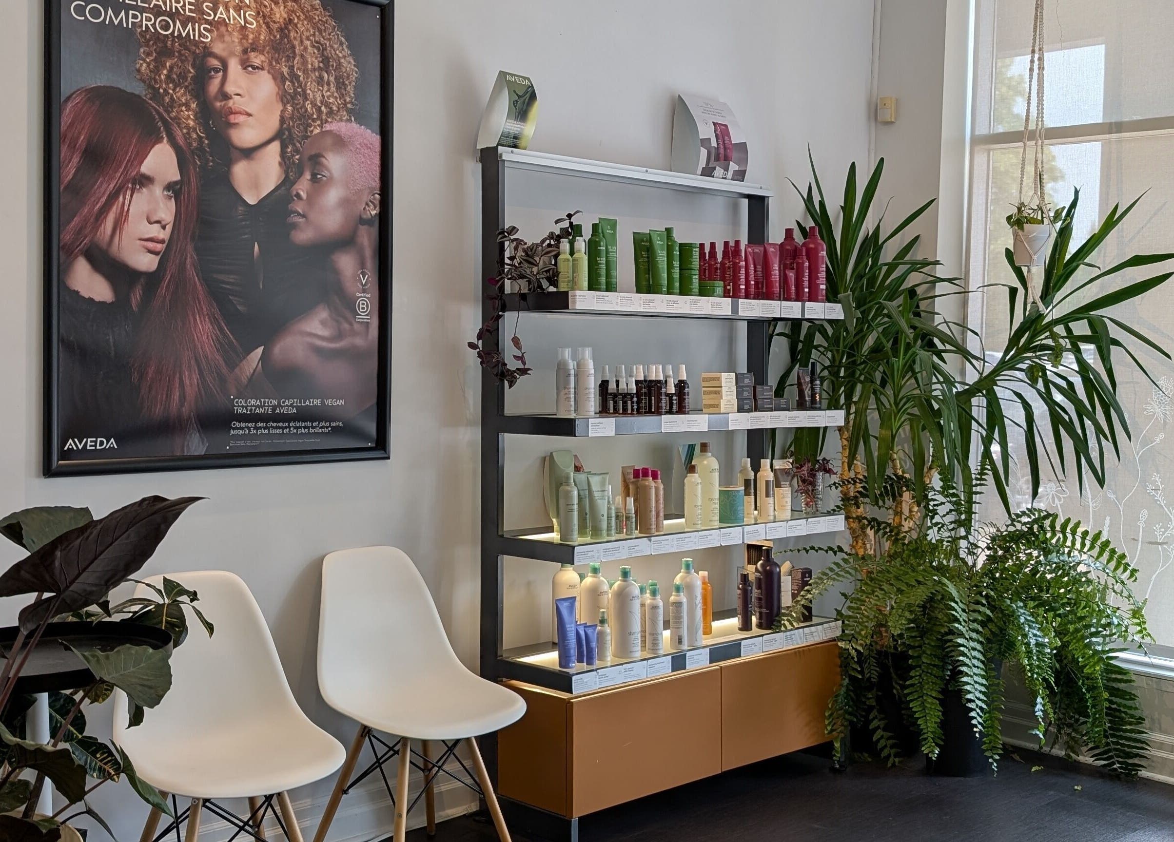 Product shelves and seating at Espace Coiffure Botanik, Saint-Bruno-de-Montarville, Québec, CA.