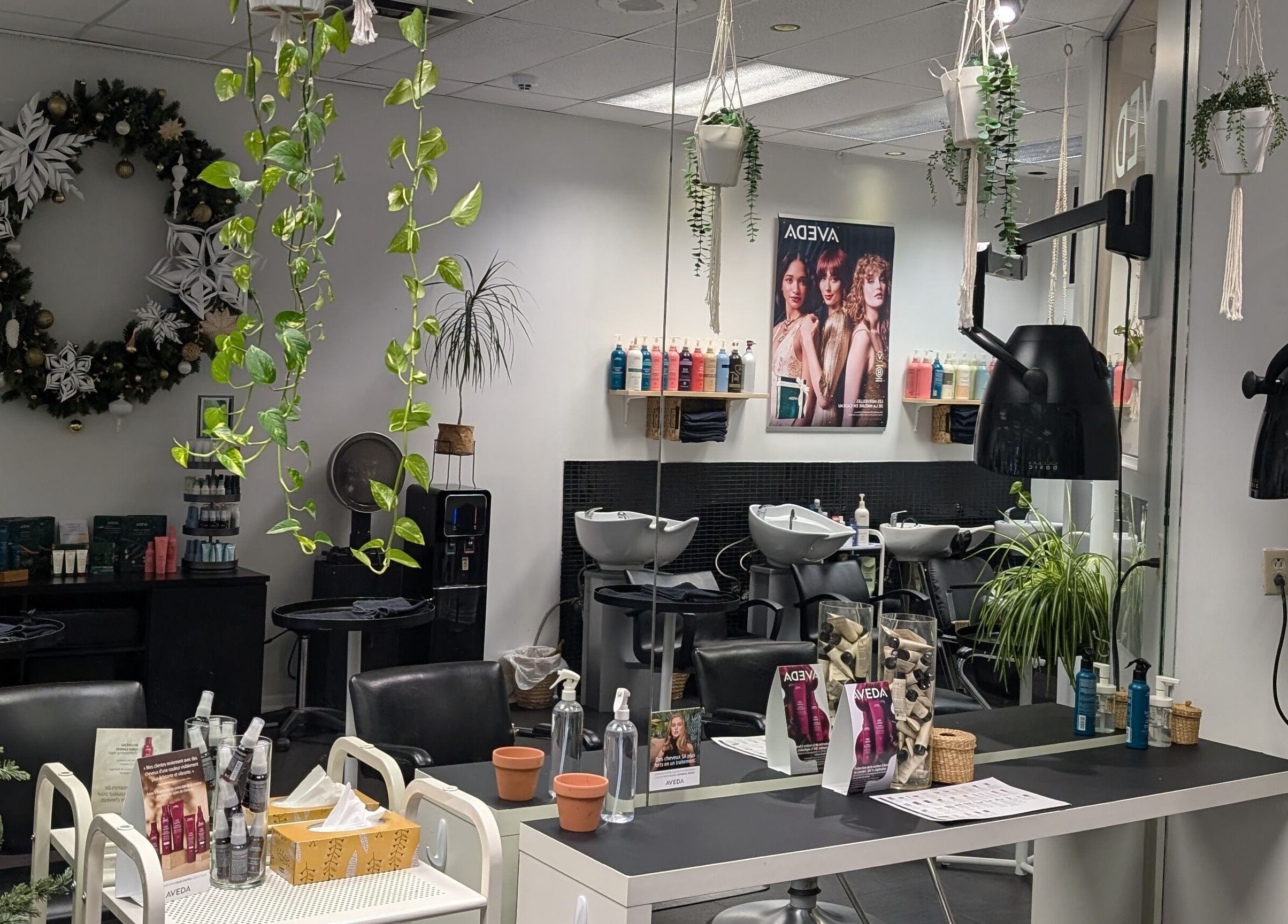 Inside Espace Coiffure Botanik, vibrant salon decor in Saint-Bruno-de-Montarville, Québec, CA.