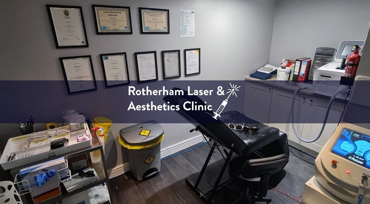 Treatment room at Rotherham Laser and Aesthetic Clinic, Parkgate, England, GB, showcasing certificates and equipment.