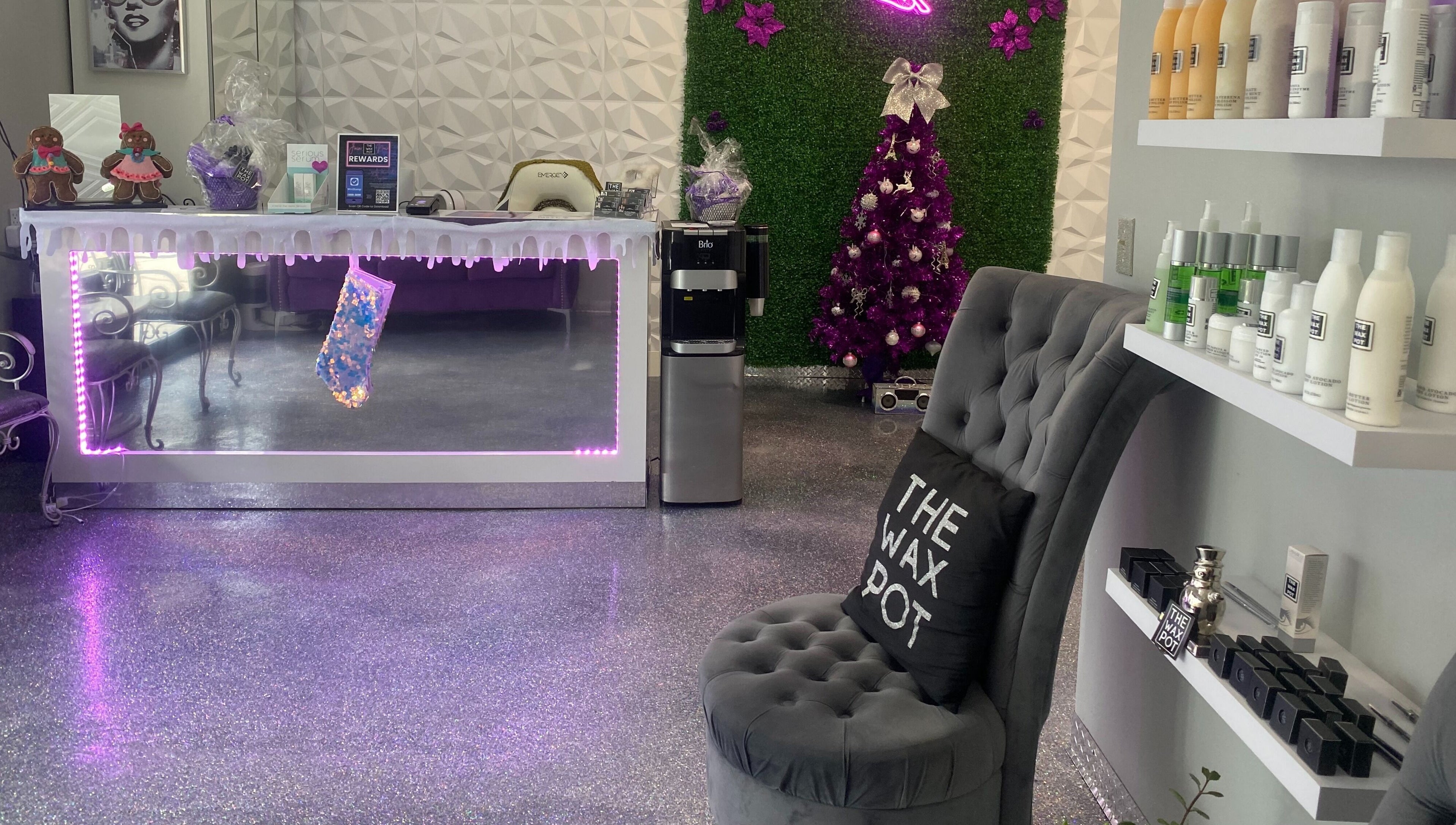 Modern lounge of The Wax Pot - Palm Harbor with stylish decor and products, Palm Harbor, Florida, US.