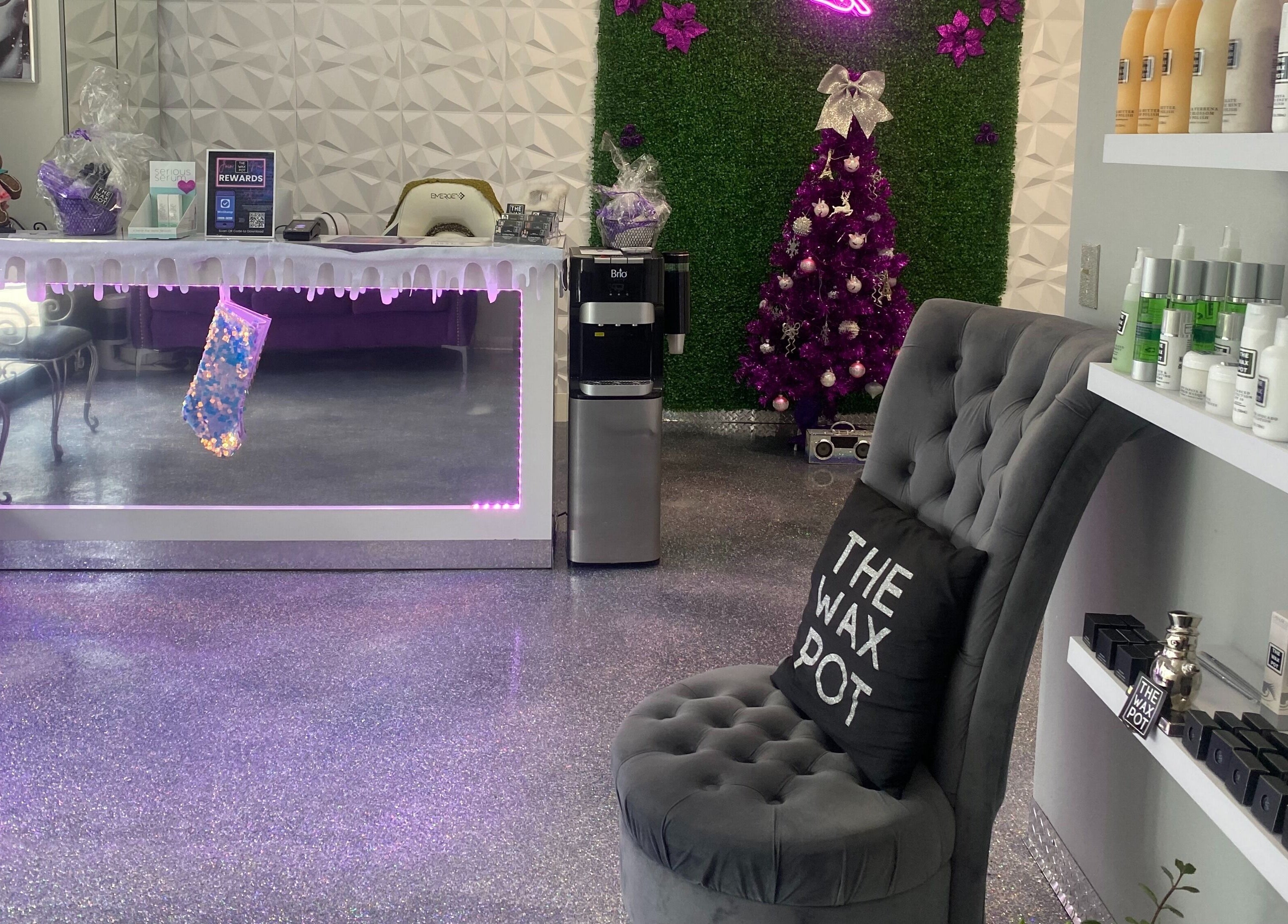 Modern lounge of The Wax Pot - Palm Harbor with stylish decor and products, Palm Harbor, Florida, US.