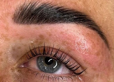 Close-up of perfectly shaped eyebrow and lashes at The Beauty Shack by Demileigh, Shirebrook, England, GB.