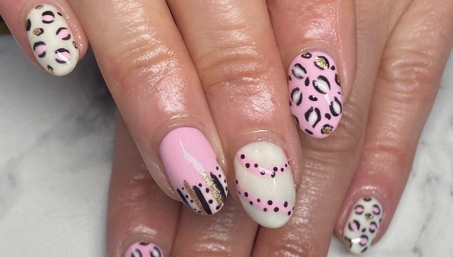 Chic leopard print and pink nail art at Colour Boutique, Christchurch, Canterbury Region, NZ.