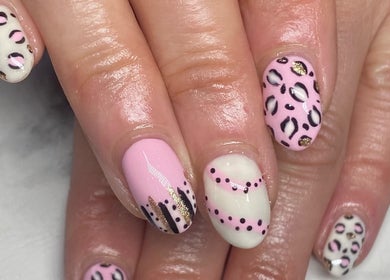 Chic leopard print and pink nail art at Colour Boutique, Christchurch, Canterbury Region, NZ.