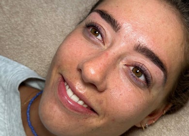 Client with freshly done lashes at Elegance Lash and Brow Studio, Falmouth, England, GB.