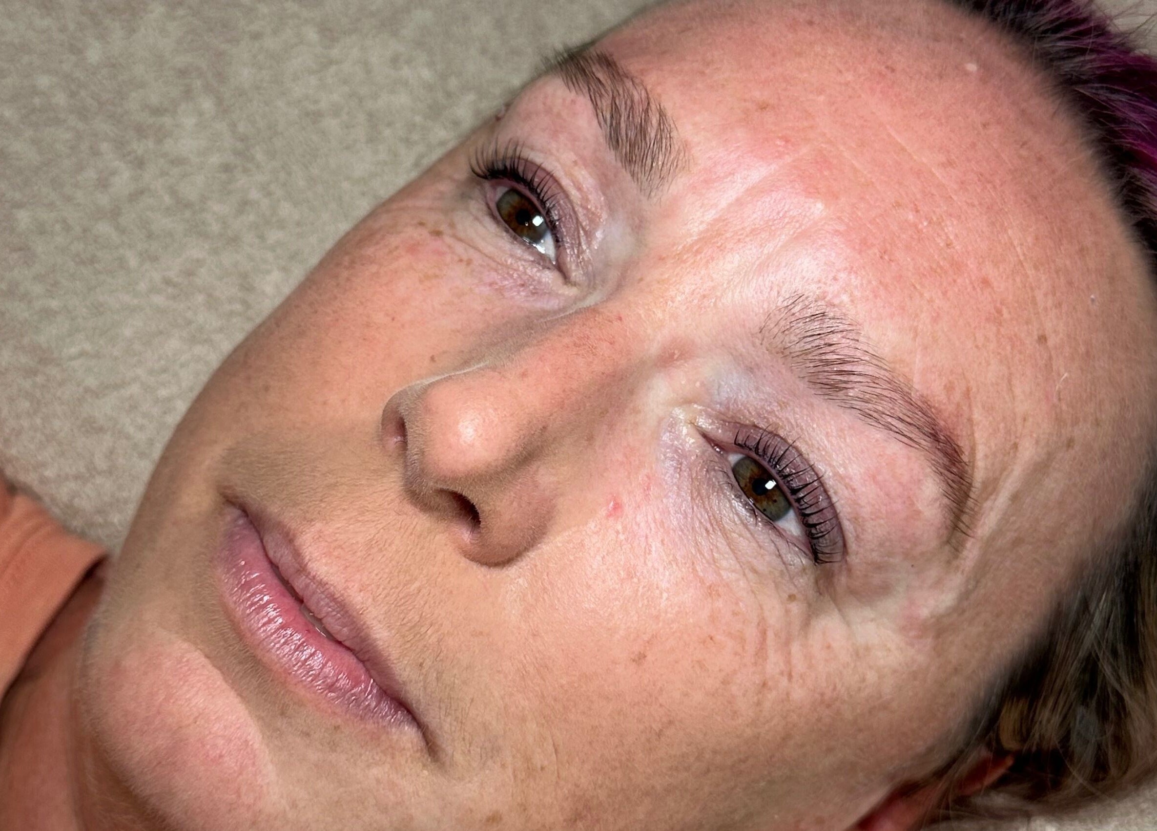 Close-up of a client with defined lashes at Elegance Lash and Brow Studio, Falmouth, England, GB.