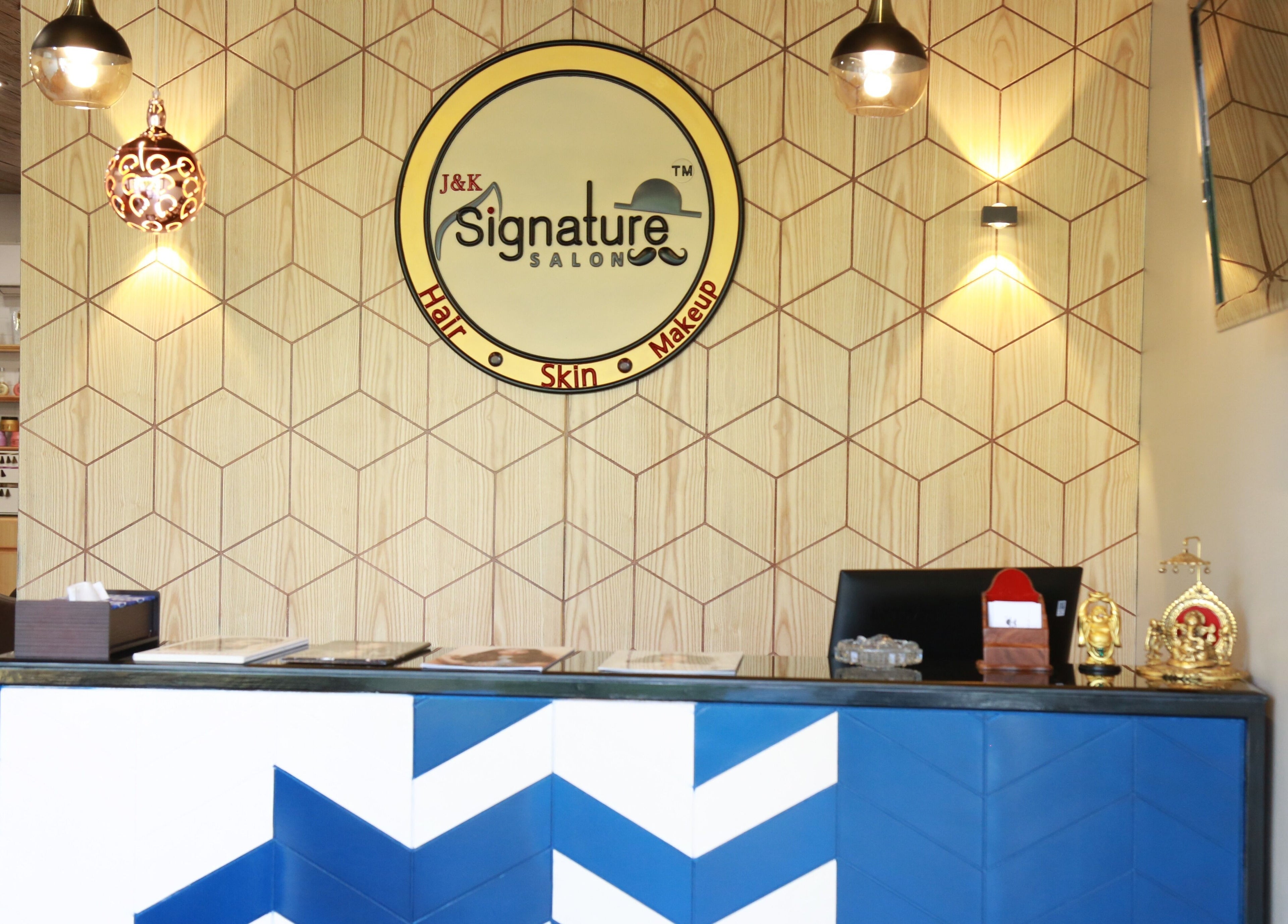 Reception area of J and K Signature Unisex Salon featuring elegant decor in Anand, Gujarat, IN.