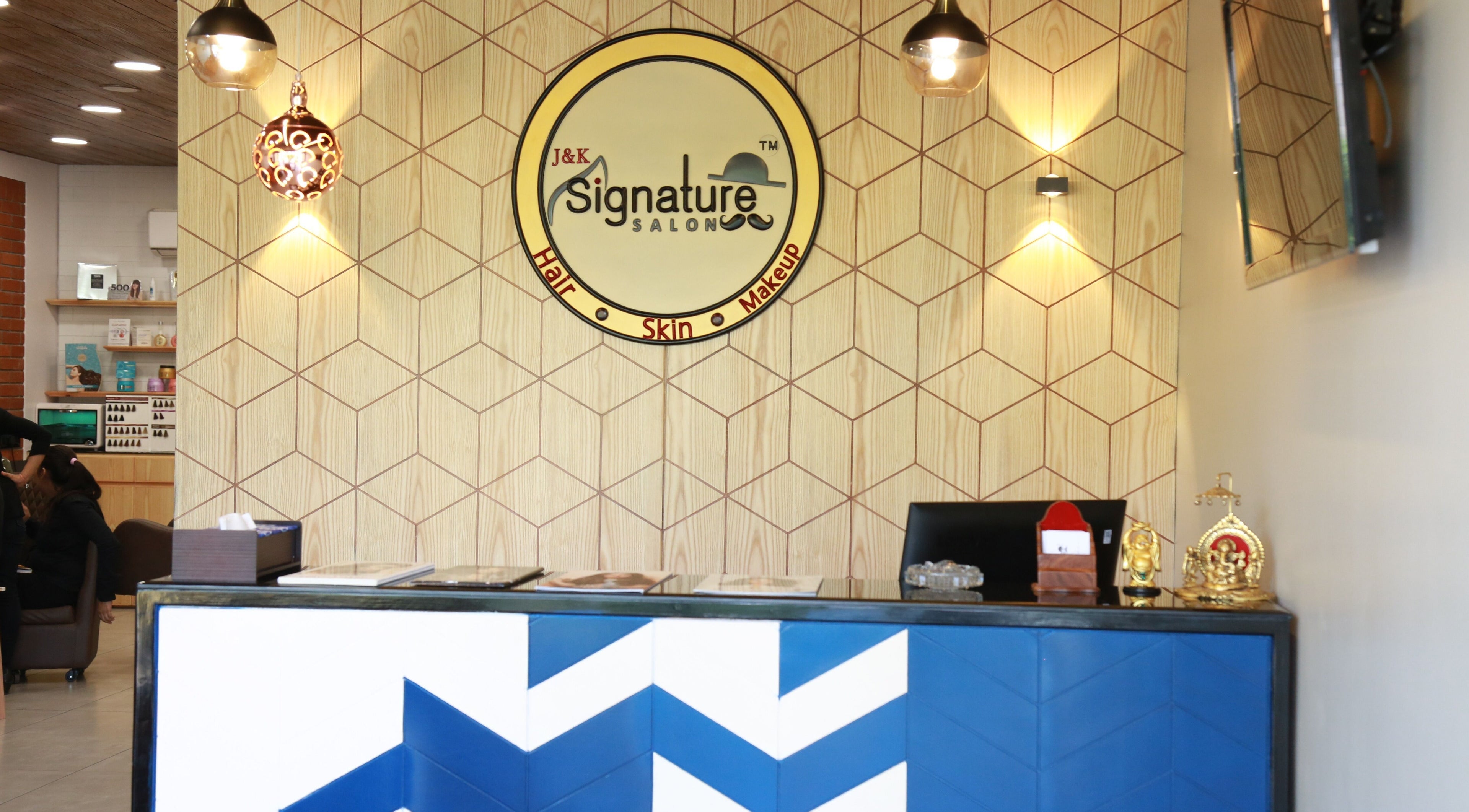 Reception area of J and K Signature Unisex Salon featuring elegant decor in Anand, Gujarat, IN.