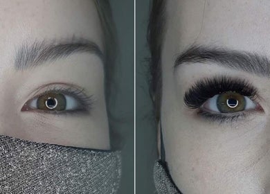 Before and after lash extension at The Lash Boutique, George, Western Cape, ZA showing dramatic enhancement.