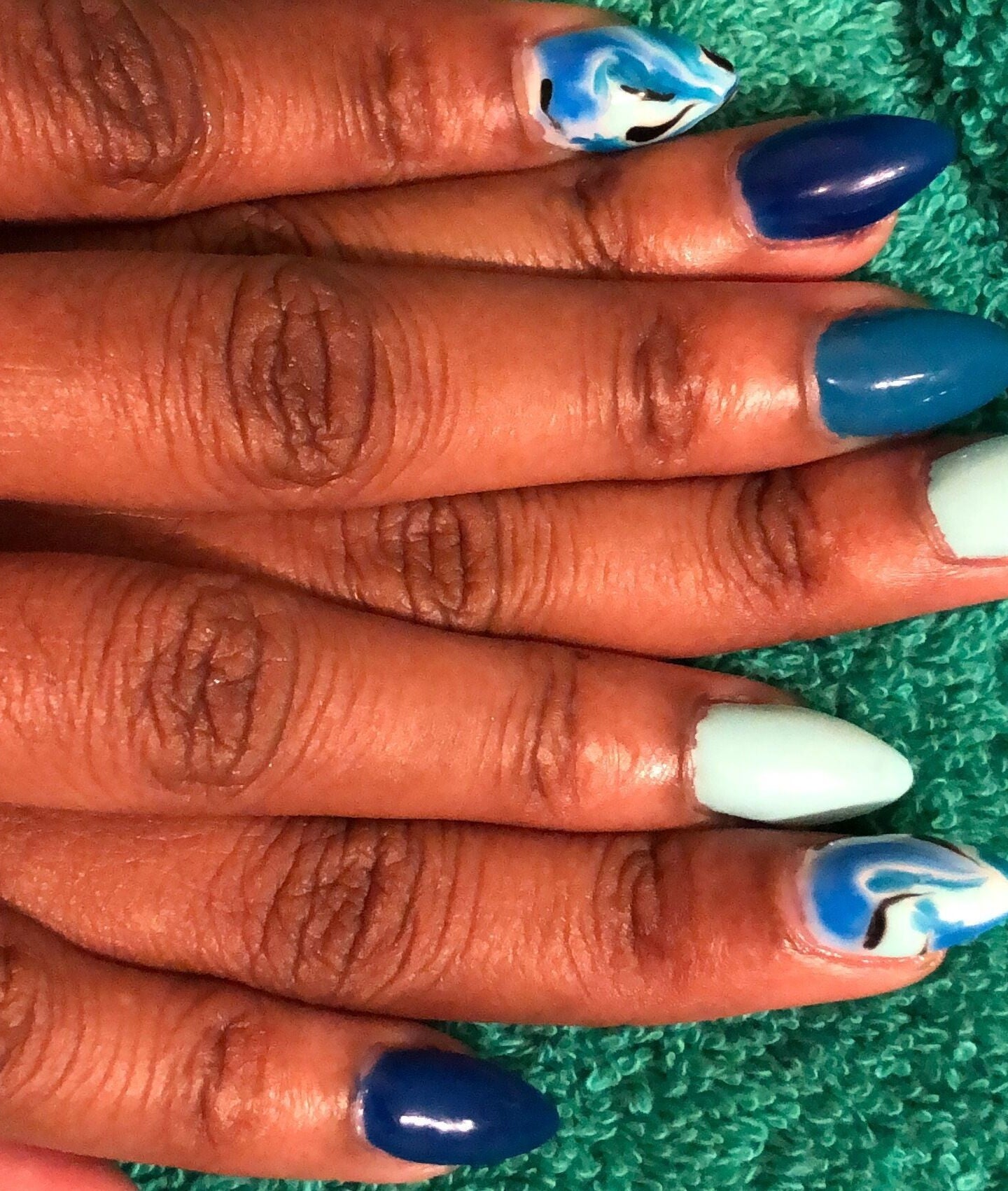 Artistic aqua nails at Essence Nail Bar, St.Philip, St.Philip, BB, showcasing creativity and style.