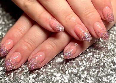 Glittery manicure at The Glam and Glow Studio, Havant, England, GB, showcasing elegant nail art.