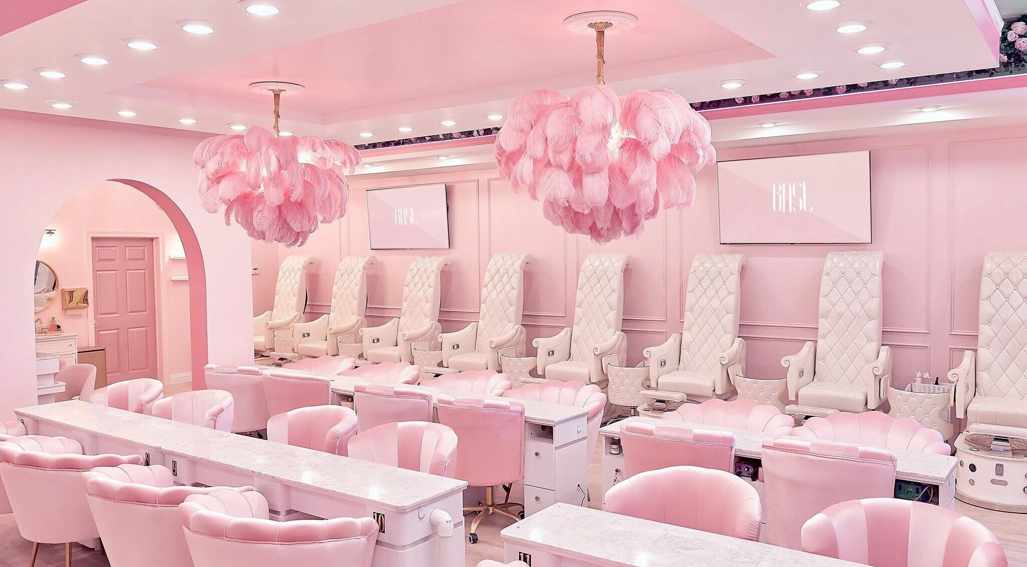 Luxurious pink and white nail spa interior at BEAL NAIL & SPA LOUNGE LLC, Fort Walton Beach, Florida, US.