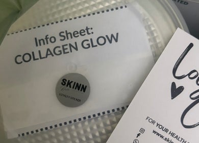 Info sheet and loyalty sticker for Collagen Glow at Looks2Last Aesthetic Skin Clinic in Cape Town, Western Cape, ZA.