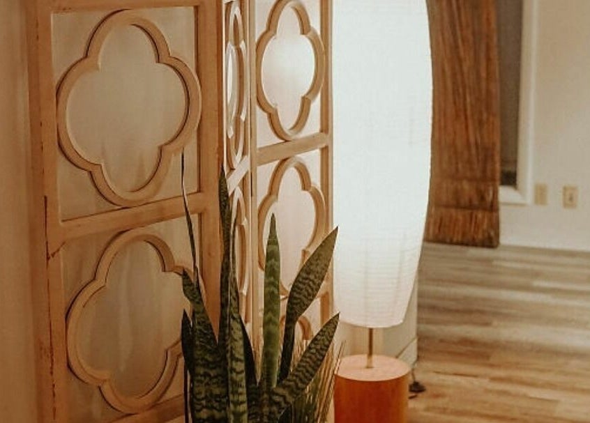 Elegant divider and plant in calming space at Glow Massage and Esthetics, Pottsville, Pennsylvania, US.