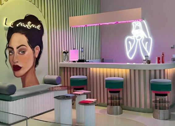 Stylish lounge area at Le Meme Spa, Manarat Lusail Tower with neon art, Doha, Doha, QA.