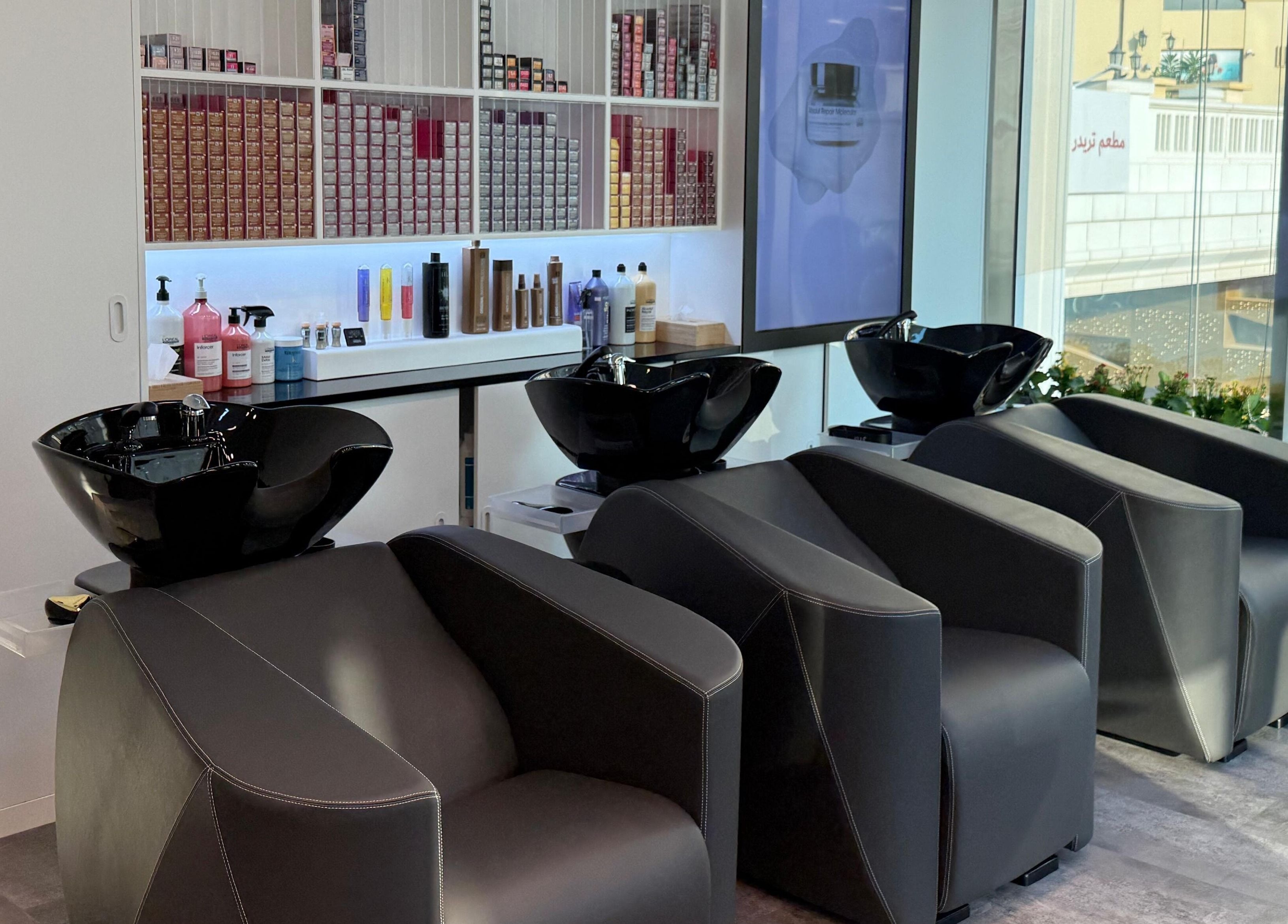 Chic salon wash stations at The Hair Workshop Extensions Hair Couture, Dubai, Dubai, AE.