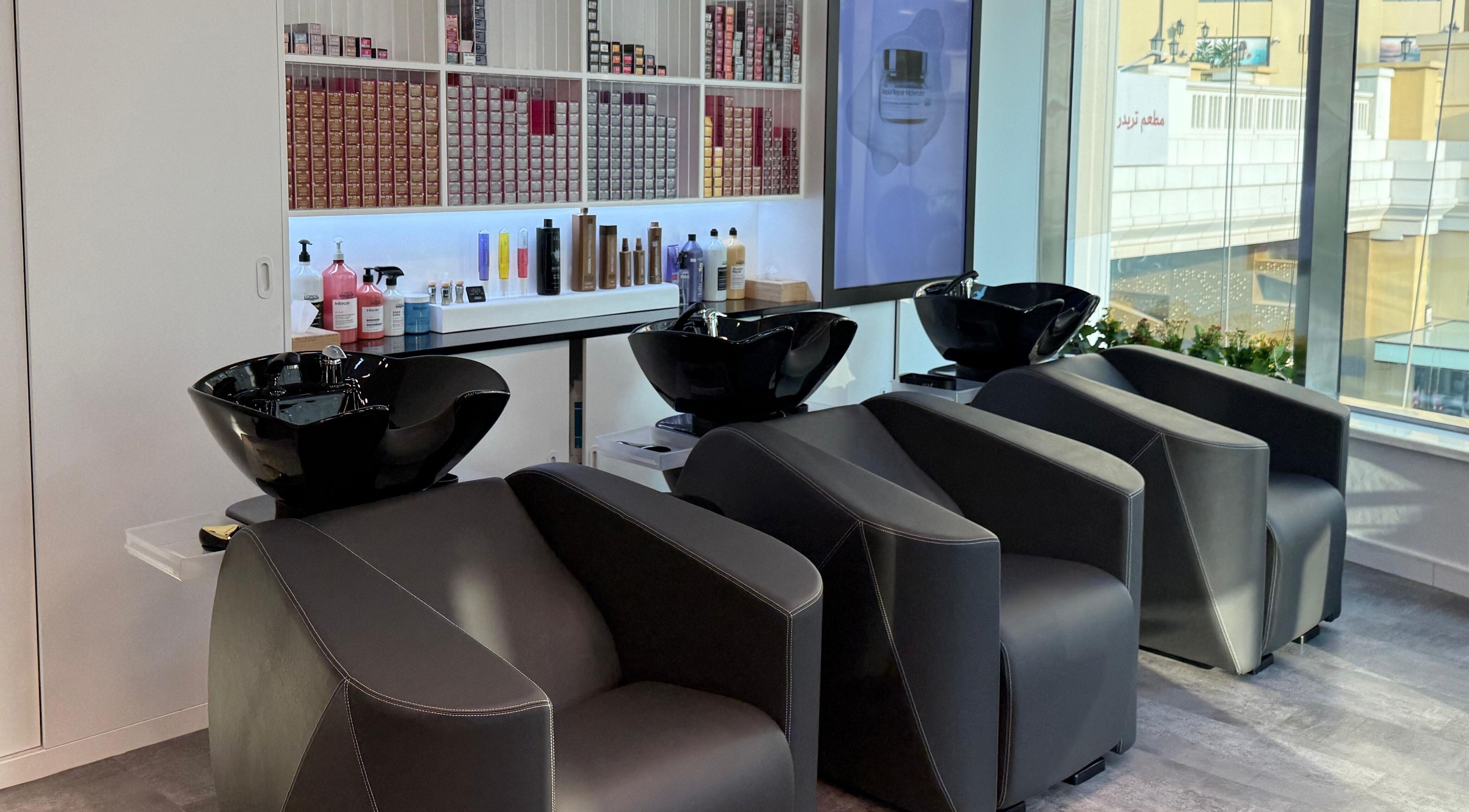 Chic salon wash stations at The Hair Workshop Extensions Hair Couture, Dubai, Dubai, AE.