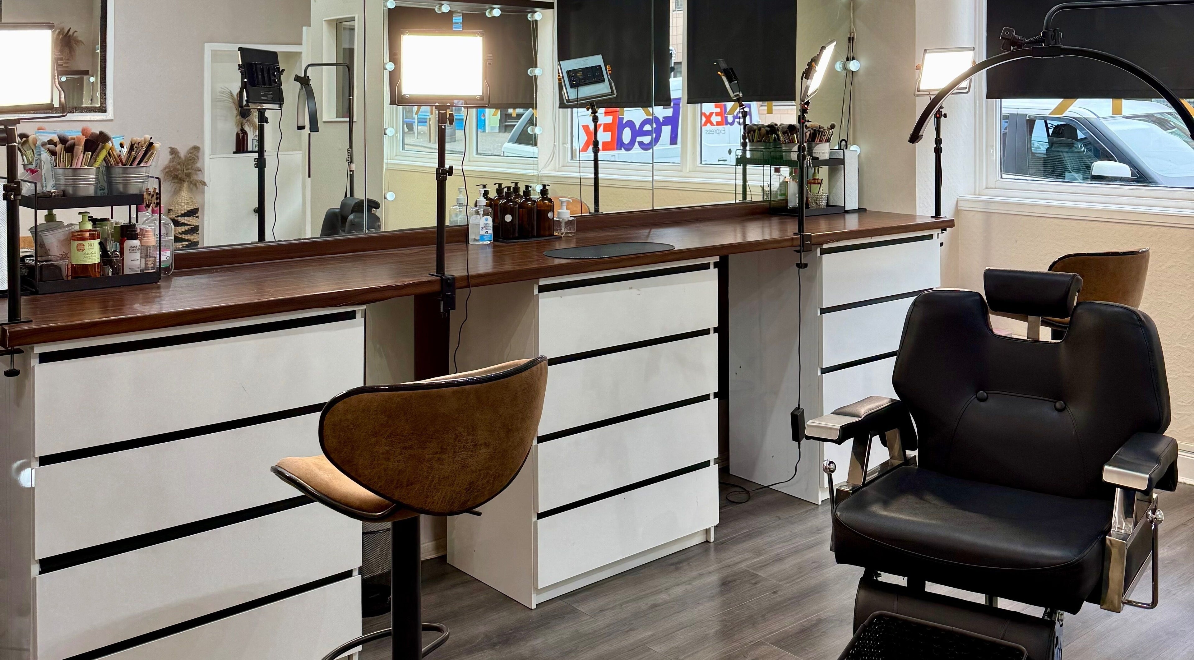 Modern makeup chair and station at Rachel Crowe Makeup in Dundee, Scotland, GB.