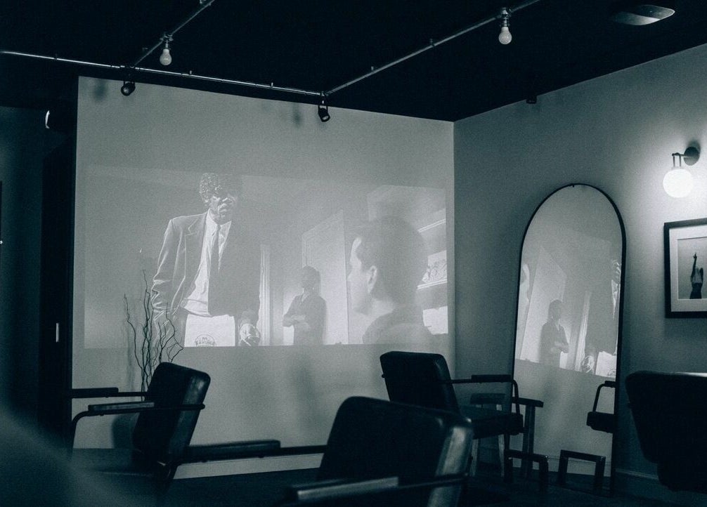 Black and white theme at Blake Edwards, Leicester, England, GB, featuring a stylish mirrored salon setup.